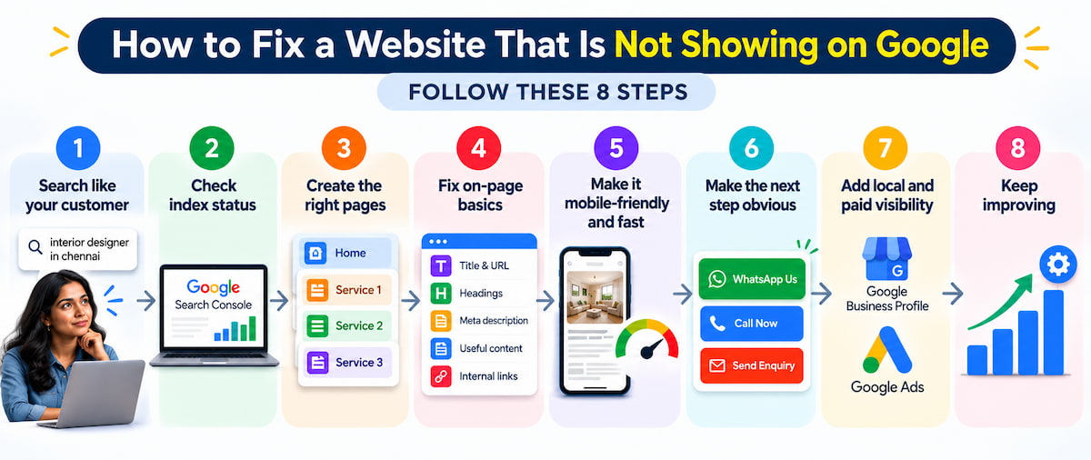 8-step roadmap to fix a website not showing on Google, from searching like your customer to continuous improvement