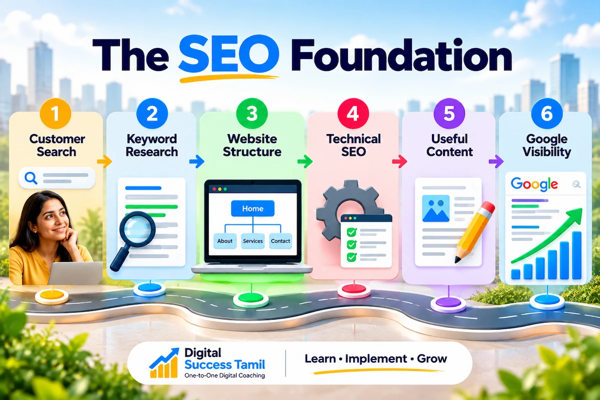 SEO foundation diagram: website structure and keyword research