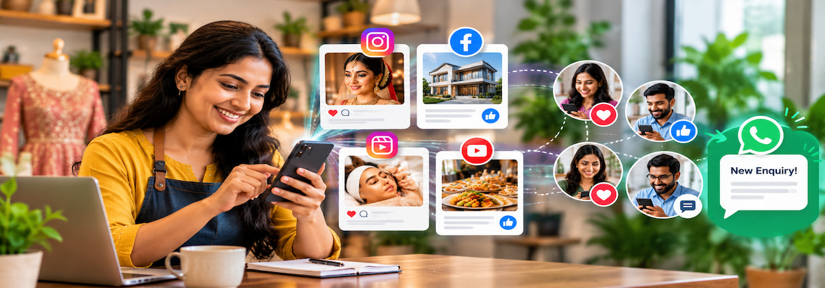 Small business owner using social media posts for bridal makeup, real estate, skincare and food to get new WhatsApp enquiries