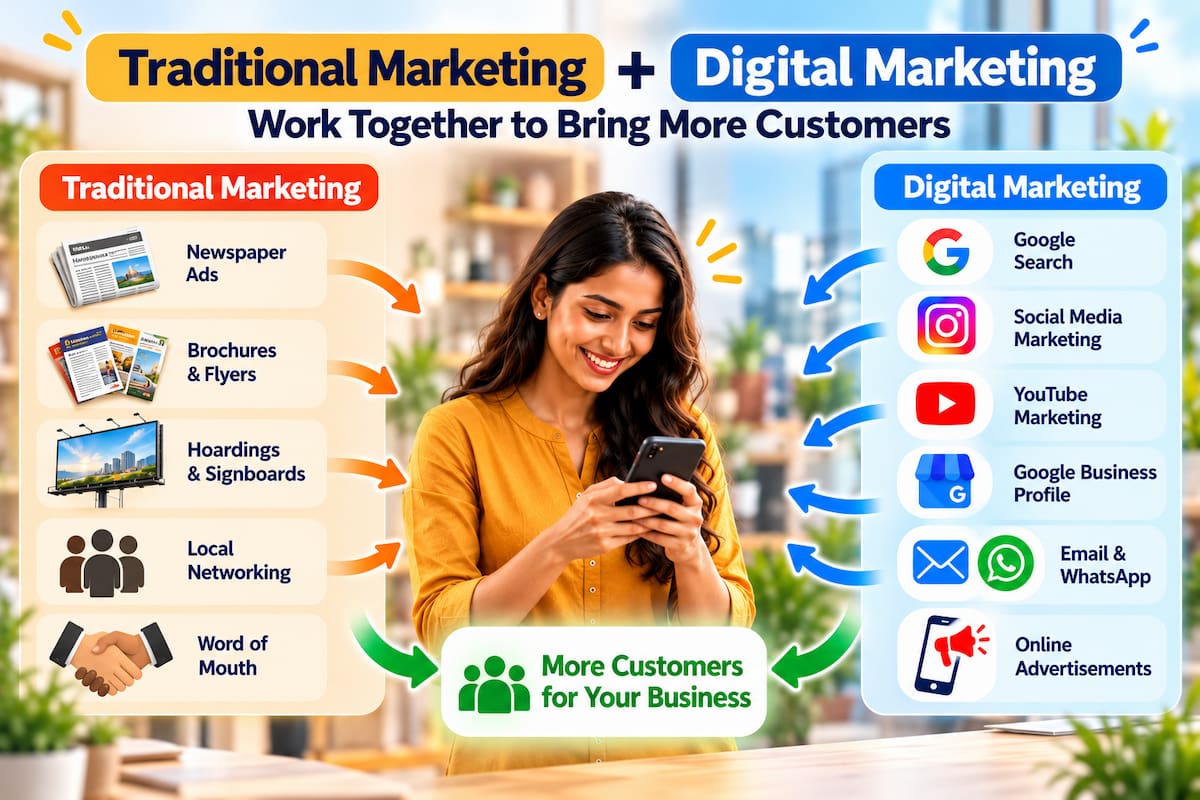 Traditional and digital marketing working together to bring more customers: newspaper ads, flyers, hoardings and word of mouth combined with Google, social media, YouTube and WhatsApp