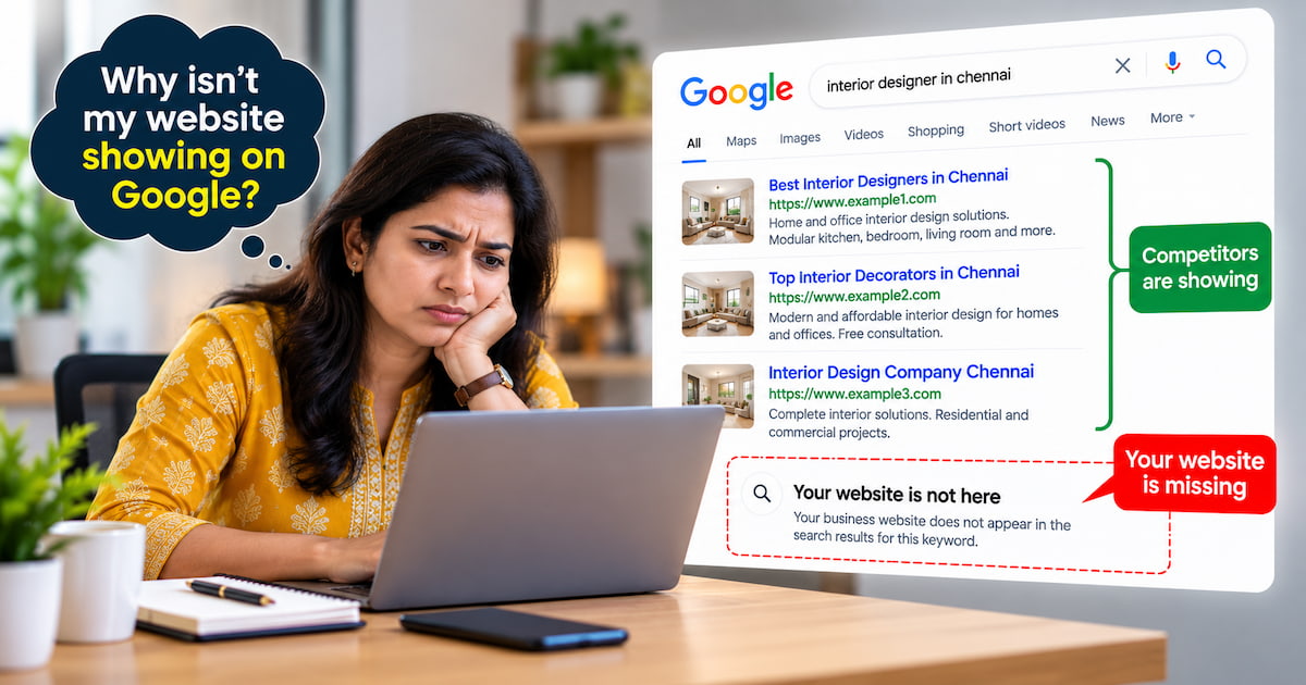 Business owner searching Google for interior designer in Chennai while competitors appear and her own website is missing