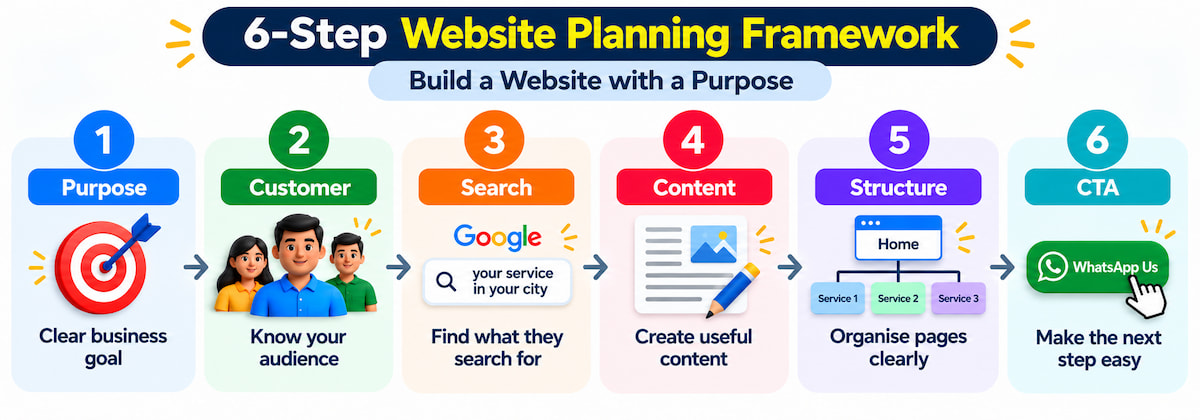 6-step website planning framework: Purpose, Customer, Search, Content, Structure, CTA